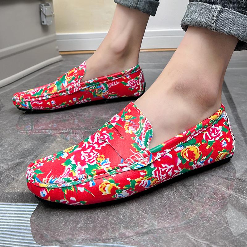 Men’s Moccasins Driving Shoes Comfort Leather Flats Casual Slip-ons Plus Size Flower Print Shoes for Men
