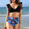 Women's High Waist Print Split Ruffle Bikini With Chest Pad No Steel Bra Swimsuit