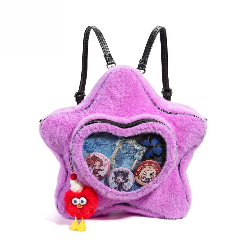 

Fluffy Purple Star Ita Bag, Plush Crossbody Backpack with Clear Heart Window, Kawaii Faux Fur Shoulder Bag for Pins Display, рожевий