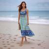 Summer New European and American Style Printing Sleeveless Long Dress Seaside Vacation Bohemian Dress Women's Clothing