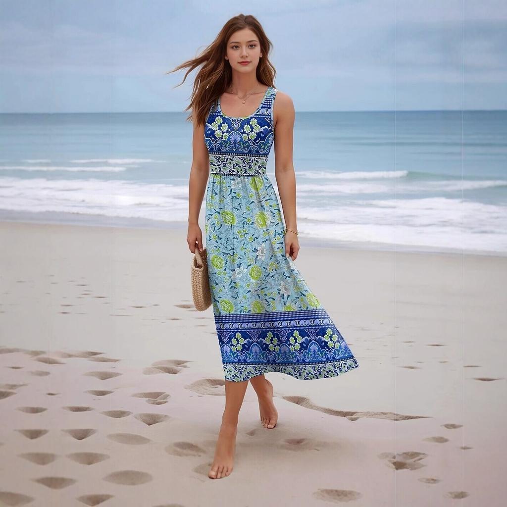 Summer New European and American Style Printing Sleeveless Long Dress Seaside Vacation Bohemian Dress Women's Clothing