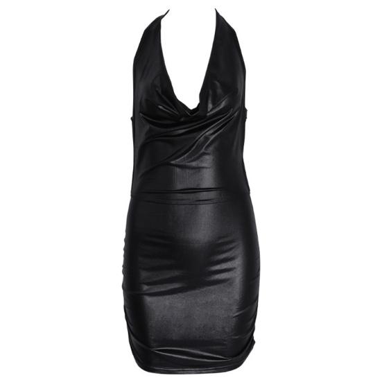 Women Sleeveless Backless Halter Faux Leather Mini Bodycon Dress Sexy Underwear