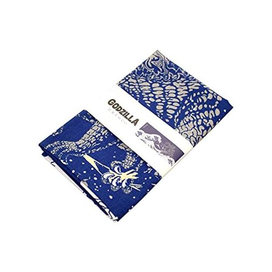 Four Carts Godzilla & Ukiyo-e Mt. Fuji Tenugui Towel - Navy, 100% Cotton, 90x34cm, Made in Japan. Perfect Japanese Souvenir, Fusion of Traditional