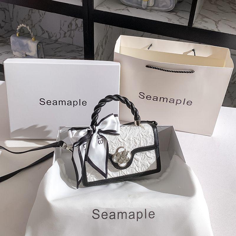

Unique Design Genuine Leather Fashion Shoulder Crossbody Small Square Bag Black and white 5D flowers (send silk scarf)