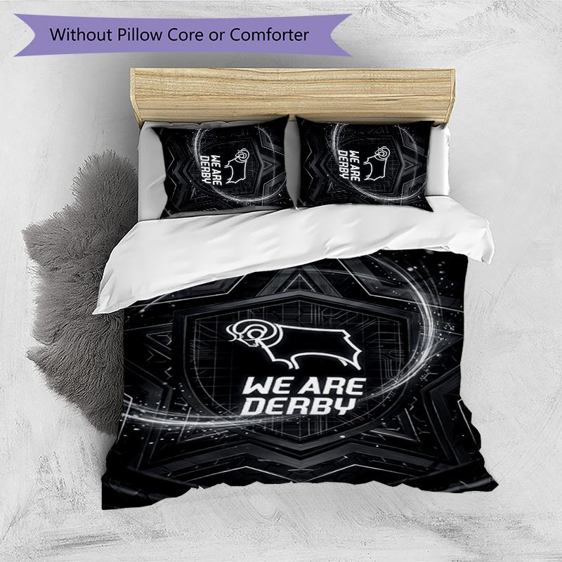 Derby County Football Printed 3 Pieces Bedding Set, Comfortable Skin Friendly Bedroom Duvet Cover Set