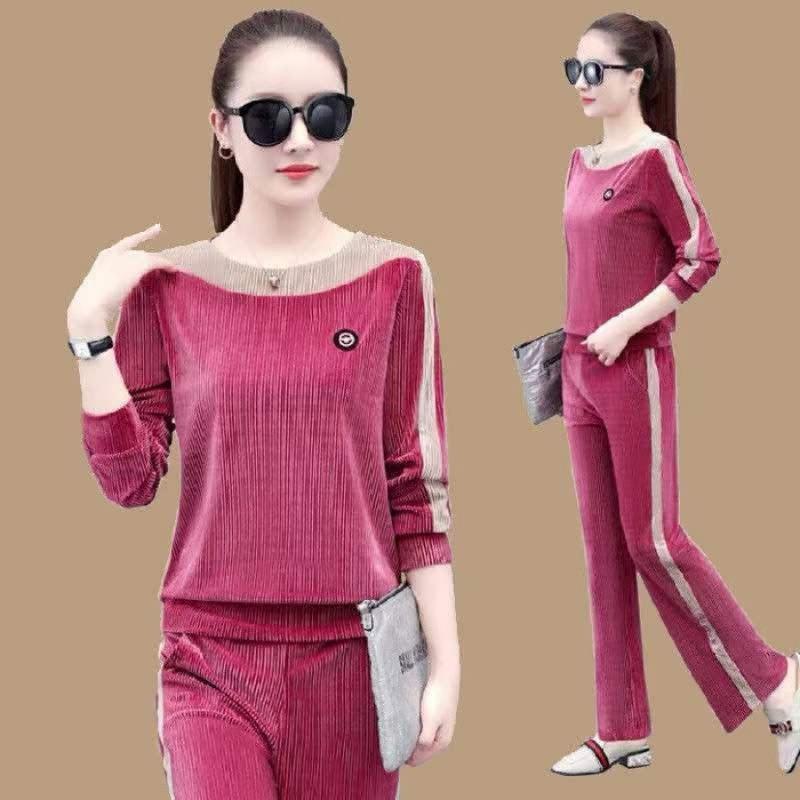 Gold Velvet Sportswear Set - Women's Spring-Autumn Fashion Chic Large-Sized Casual Loose Two-Piece Set