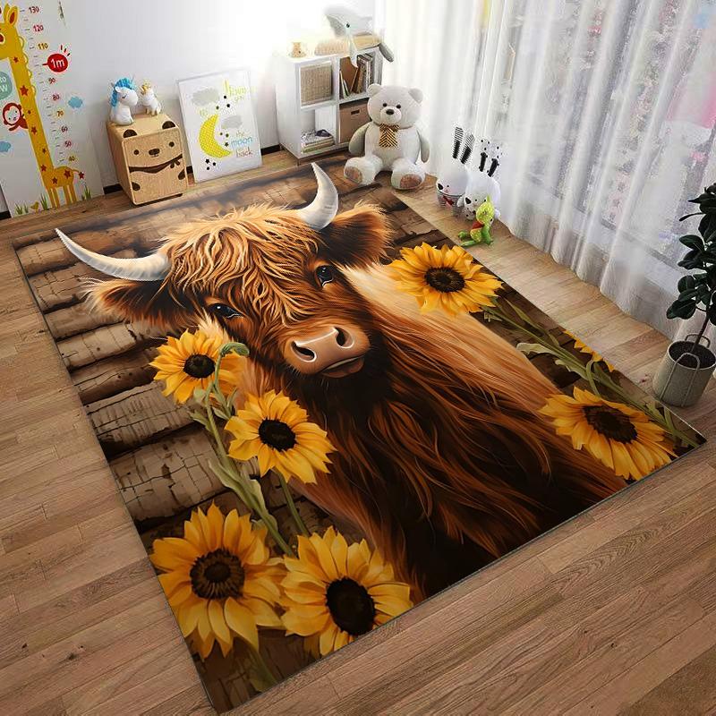 Highland Cow and Sunflowers Carpet Non-slip Rug Suitable for Living Room and Bedroom Sofas