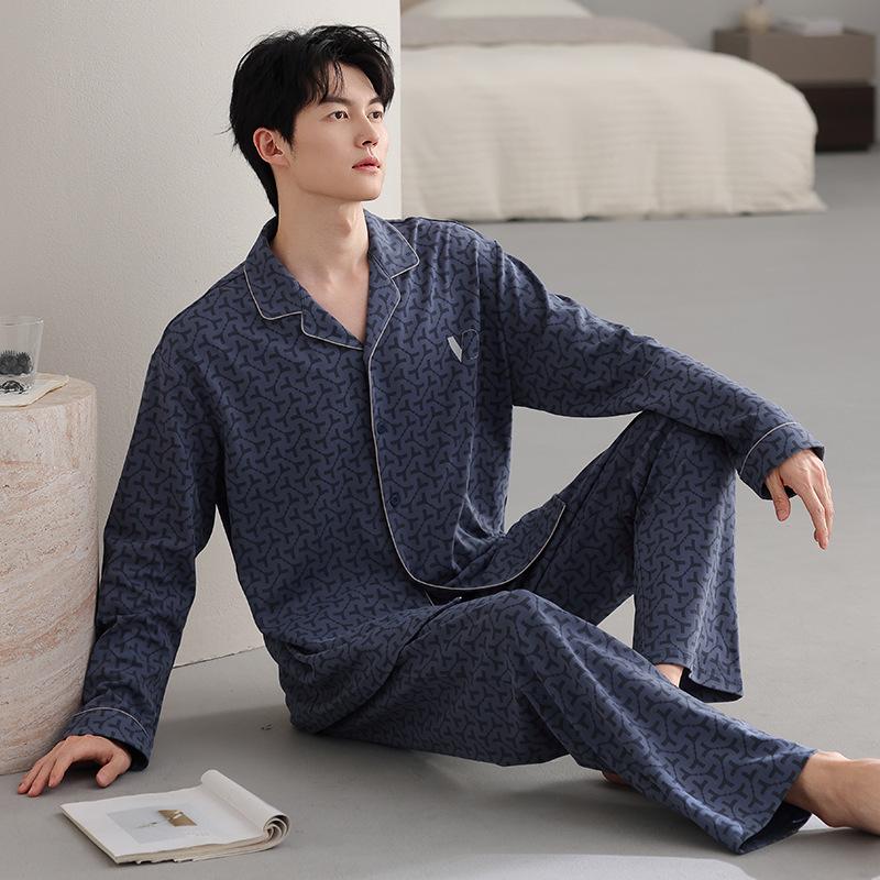 Men's pajamas spring and autumn pure cotton long-sleeved cardigan spring and autumn men's dad plus size cotton loungewear set