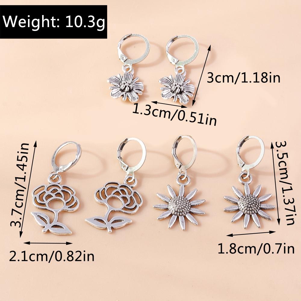 3paris/set Vintage Alloy Flower Dangle Earrings Sunflower Rose Earrings for Women Girls Party Holiday Jewelry Gifts