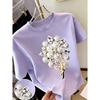 New Sweet Style Pearl and Rhinestone Bouquet Print Short Sleeve Round Neck Shirt T Women's T Shirt Suitable for Casual Outings In Spring and
