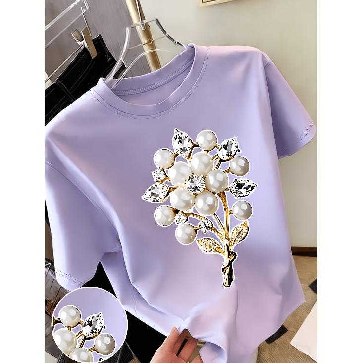 New Sweet Style Pearl and Rhinestone Bouquet Print Short Sleeve Round Neck Shirt T Women's T Shirt Suitable for Casual Outings In Spring and