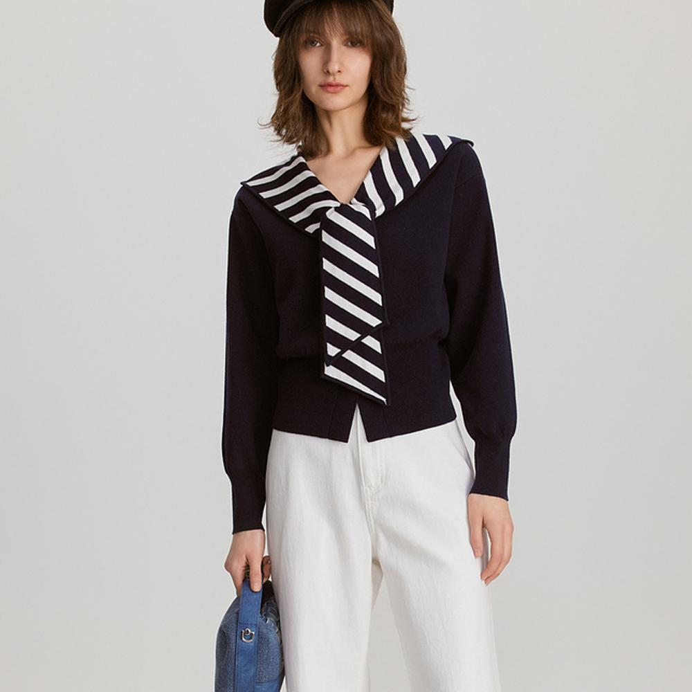 ELLE Striped Pattern Pullover Long Sleeve Sweater Women sweater Navy-Blue EM47070