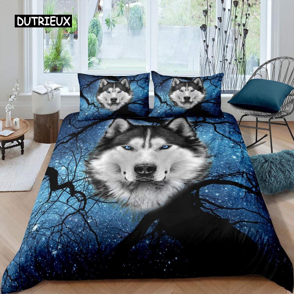 Husky Duvet Cover Puppy Pet Flower Floral Jungle Natural Scenery Cute Animal Bedding Set Polyester Double Queen King Quilt Cover