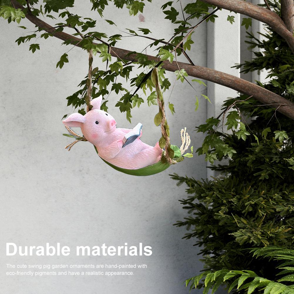 Adorable Pig Pendant Decor Resin Pig Swing Sculpture Ornament Waterproof Hanging Pig Swing Figurine for Garden Lawn Decoration