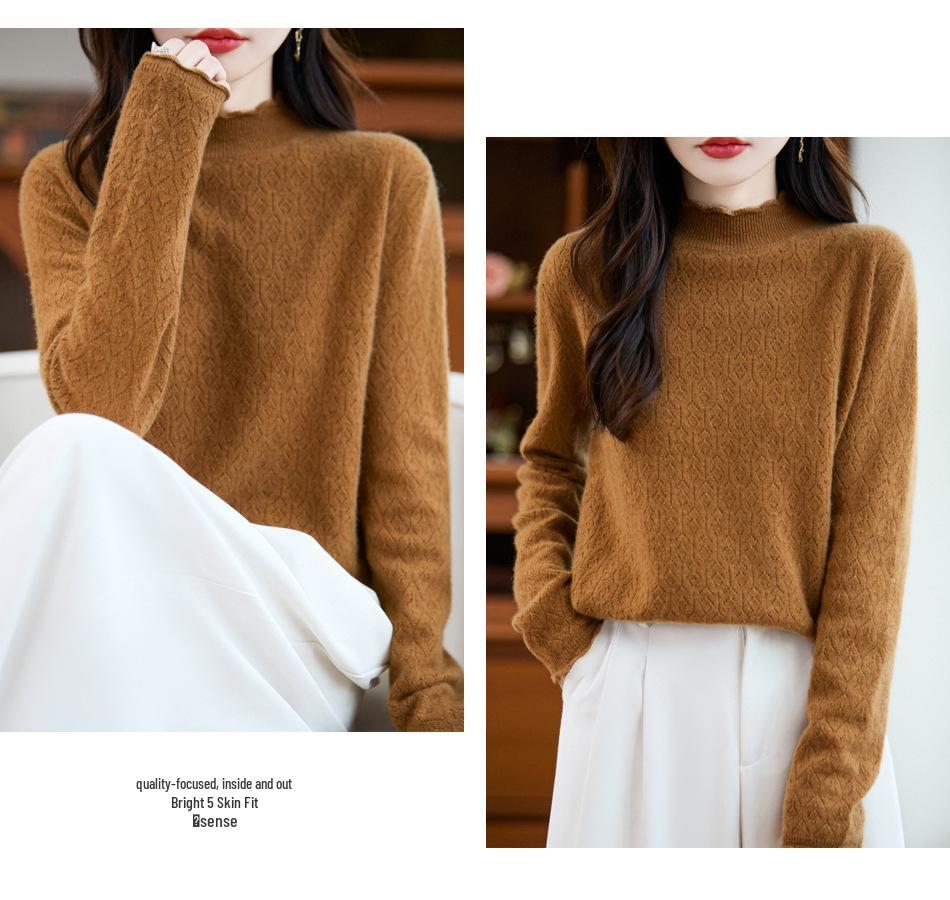Women's Wool Knit Sweater with Ruffled Collar - Fern Tail Design, Slimming Loose Fit, Soft Half-High Collar