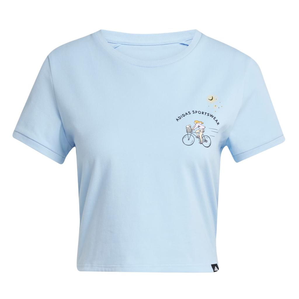 Adidas Sportswear Codes Doodle Graphic Crop Pullover Simple Casual Short Sleeve T-Shirt Women Tops Bright-Blue JX5326