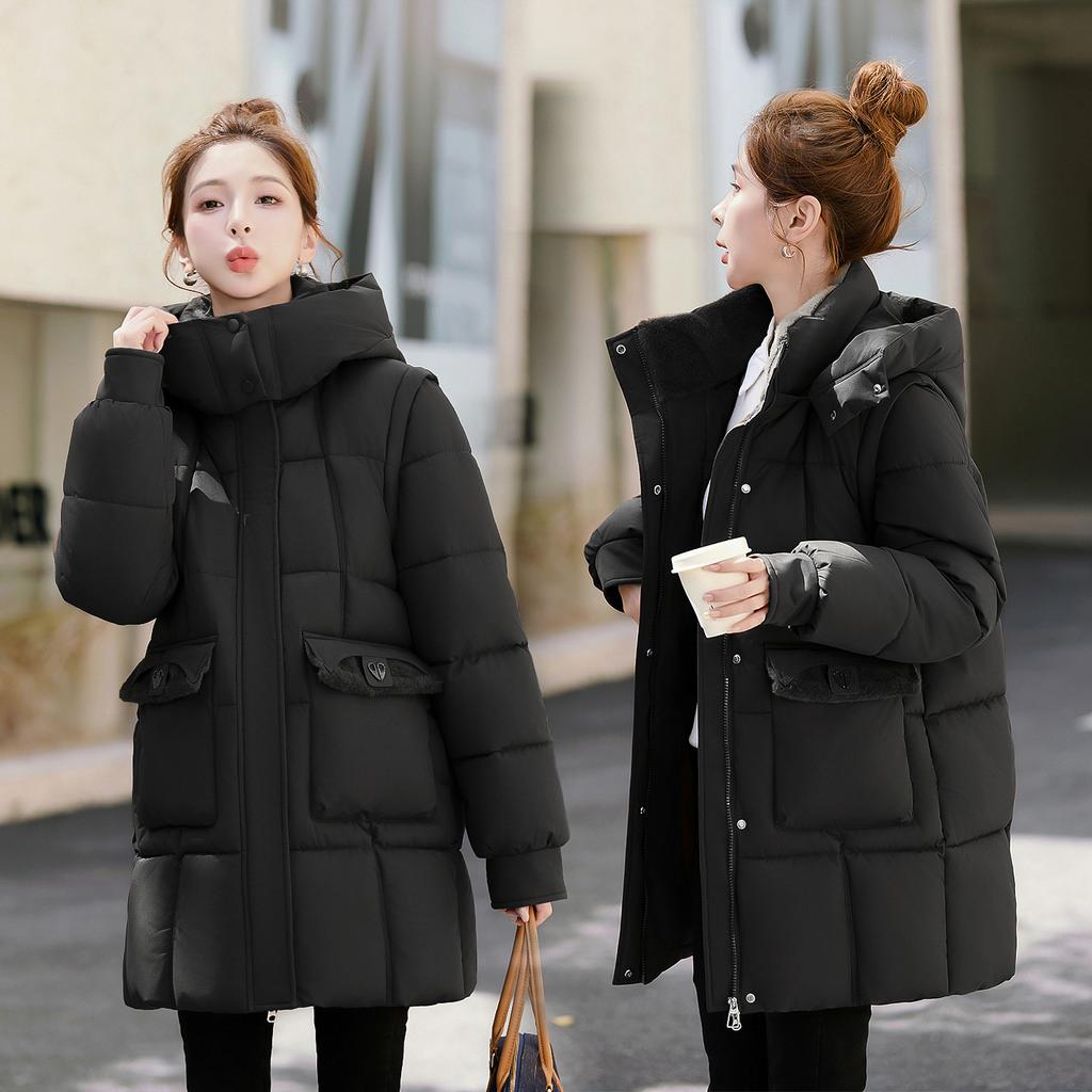 Removable sleeve medium and long cotton clothes women's new thickened warm loose hooded thin cotton coat