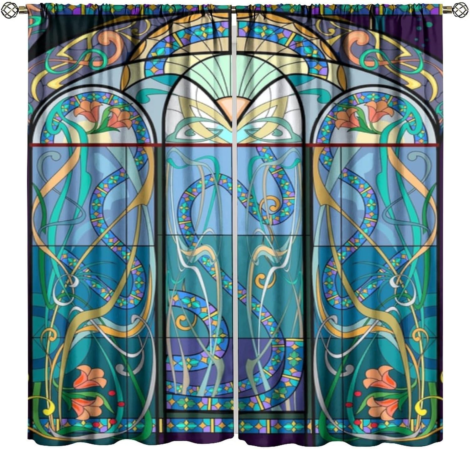 

Bohemian Stained Glass Windows Curtains Mid Century Vintage Design Abstract Art Style Bedroom Living Room Kitchen Curtain Polyester Perfect For Area W100*H130(CM)-Grommet top&2PCS