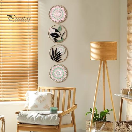 Zestaw Czterech Okrągłych Płyt Ściennych 4 Szt. Wystrój Boho, Drewniane Geometryczne Kwiatowe Elegancka Sztuka Dekoracji Wnętrz Domu, Estetyka Wiejska Wiszące Ozdoby
