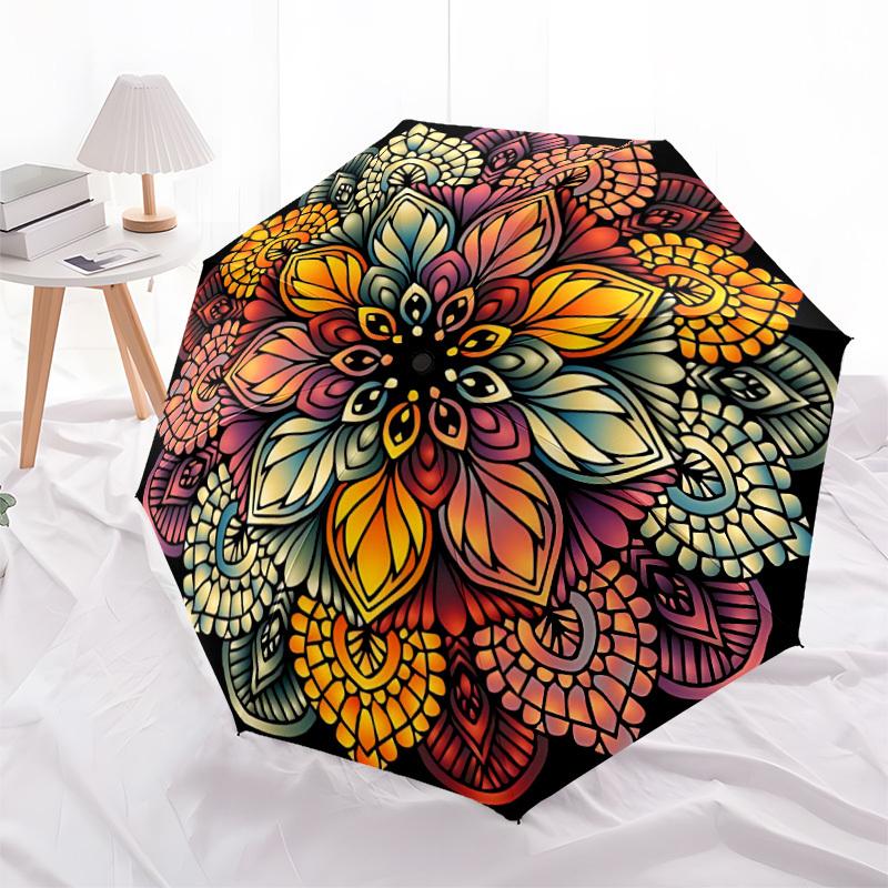 1pc Floral Mandala Automatic Folding Umbrella with 8 Bones, 3-Fold Compact Umbrella, Compact Design On-the-Go Essential, casual outdoor acce