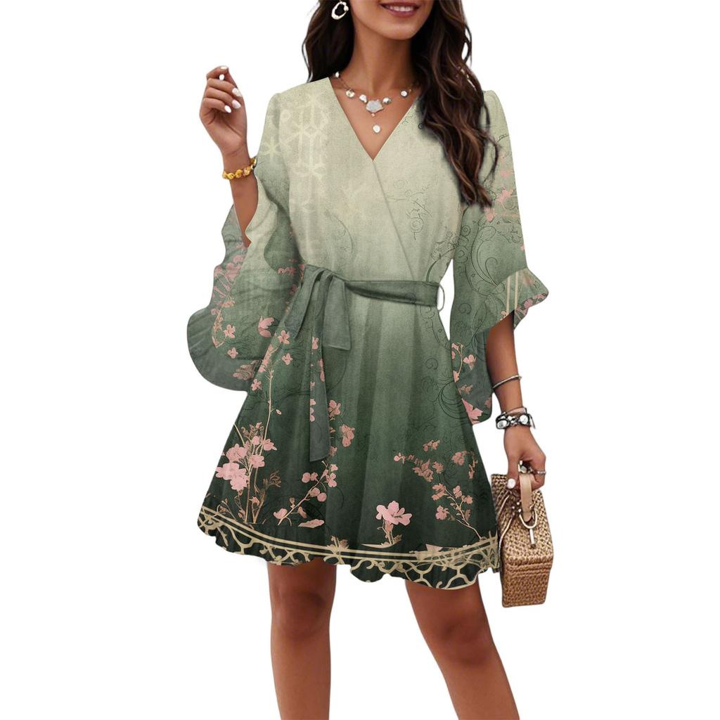 Women's Vintage Printed V-Neck Half Sleeve Corseted Temperament Casual Dress (Belt Included)