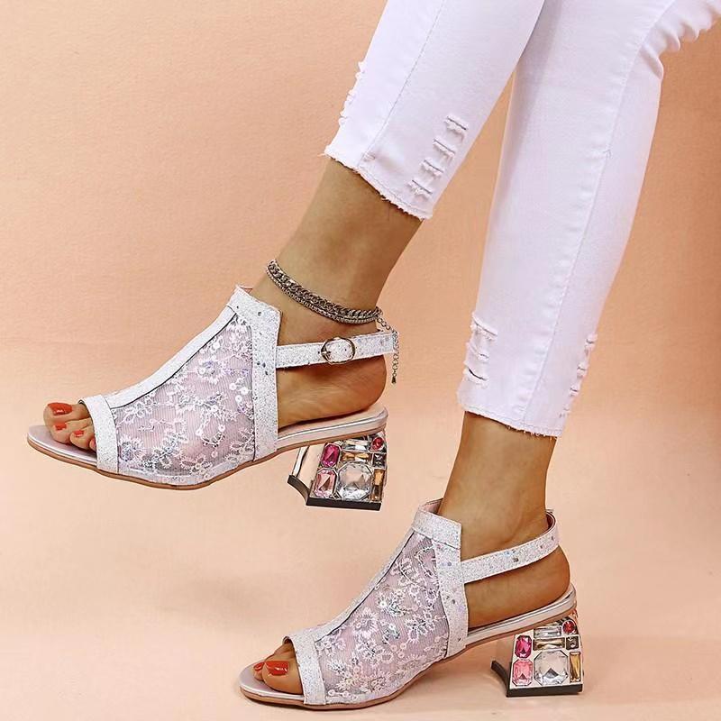 2025 New Women Summer Fashion Mid Heels Peep Toe Shoes for Women Glitter Sandals Ladies Buckle Strap Bling  Rhinestone Sandals