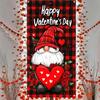 Valentine’s Day Door Cover 71x35 Inch Buffalo Plaid Gnome Door Banner with Heart and Roses Romantic Decoration for Front Door Indoor Outdoor