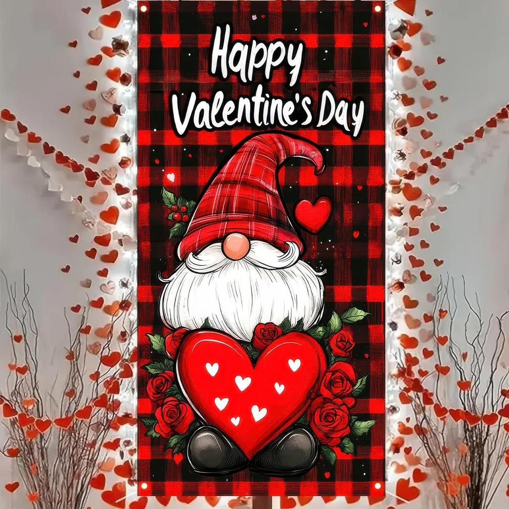 Valentine’s Day Door Cover 71x35 Inch Buffalo Plaid Gnome Door Banner with Heart and Roses Romantic Decoration for Front Door Indoor Outdoor