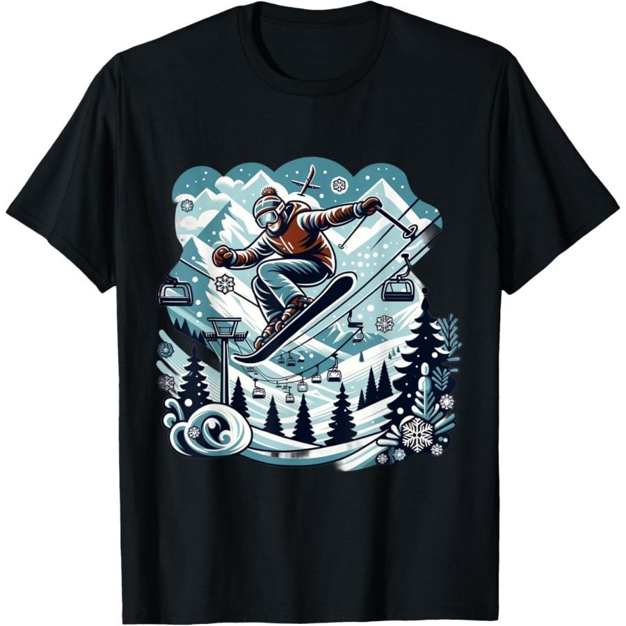 Winter Snow Skiing Snowboard Funny Trees Mountains Graphic T-Shirt S чёрный