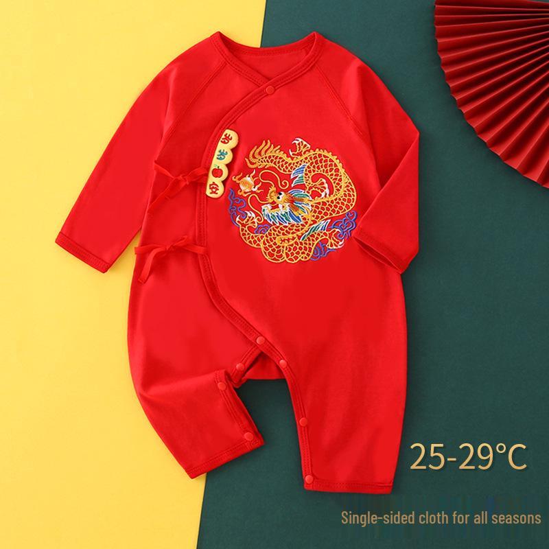 

Year of the Dragon Newborn Outfit: Long Sleeve Romper for Baby s First 100 Days - Red, Spring/Autumn Style 59 cm