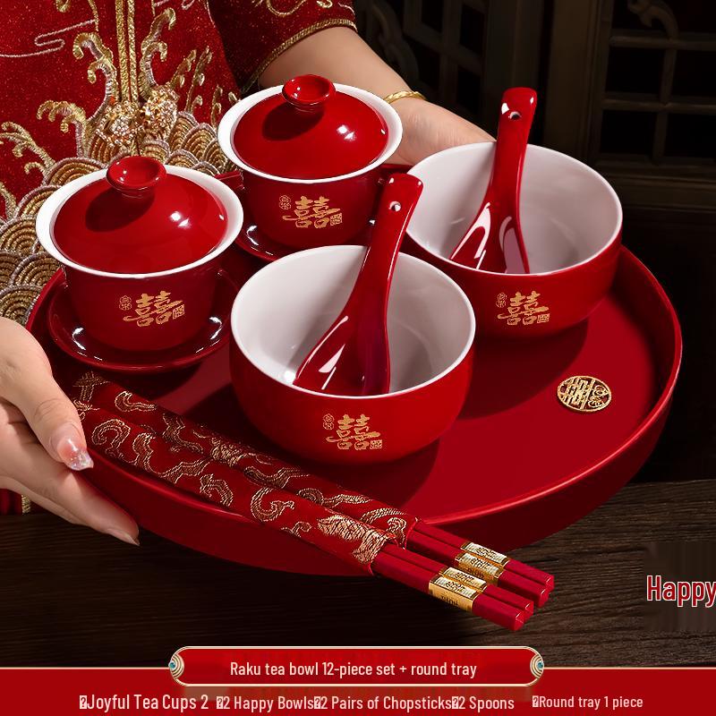 Festive Red Wedding Tea Set: Lidded Bowls, Tea Cups, and Chopsticks