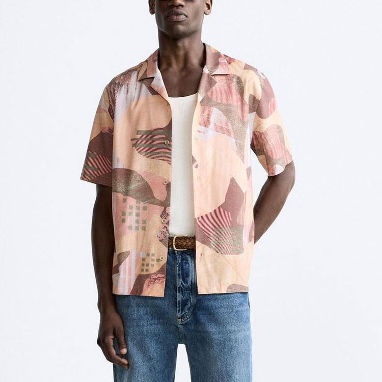 Zara Color Block Comfortable Loose Lightweight Short Sleeve Shirt Men Shirts Pink 4416021-620