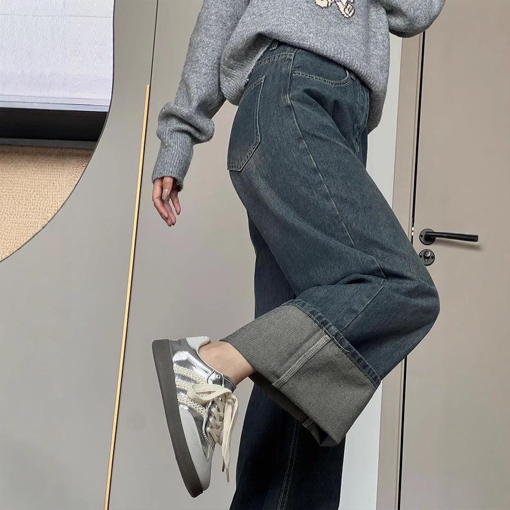 American Retro Plaid High-Waist Wide-Leg Jeans: Distressed, Draping, Slimming, Floor-Length Pants for Women.