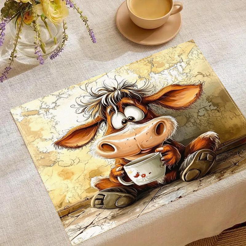 4pcs Placemats Set - Adorable Cow Tea Time, 12x18 Inches, Suitable for Kitchen and Dining Room Decor, Home Decoration, Family Dinner Table, Party