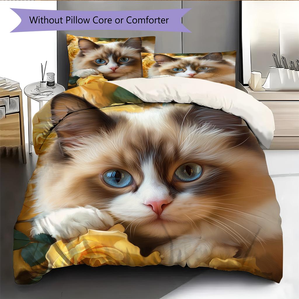 Ragdoll Cat and Rose Pattern Bedding Home Decoration Birthday Gift (1 * Duvet Cover + 2 * Pillowcase, Without Core)