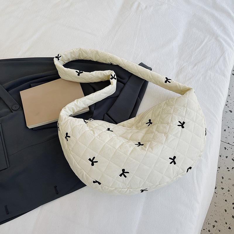 Women Nylon Bow Tie Crescent Crossbody Bag Large Capacity Quilted Dumpling Bag Padding Shoulder Bag Puffy Simple Satchel Bag CLE