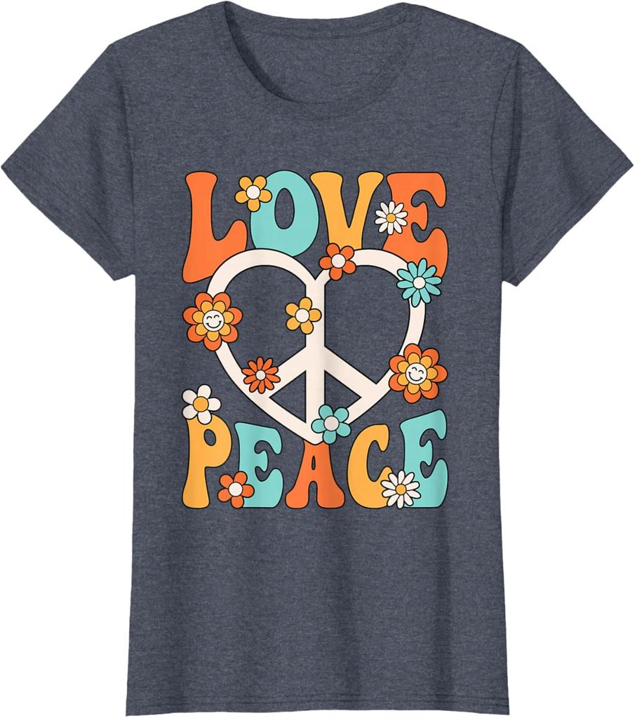 Love Peace Sign Groovy Hippie Graphic Tee Retro 70s Style Cotton T-Shirt for Women