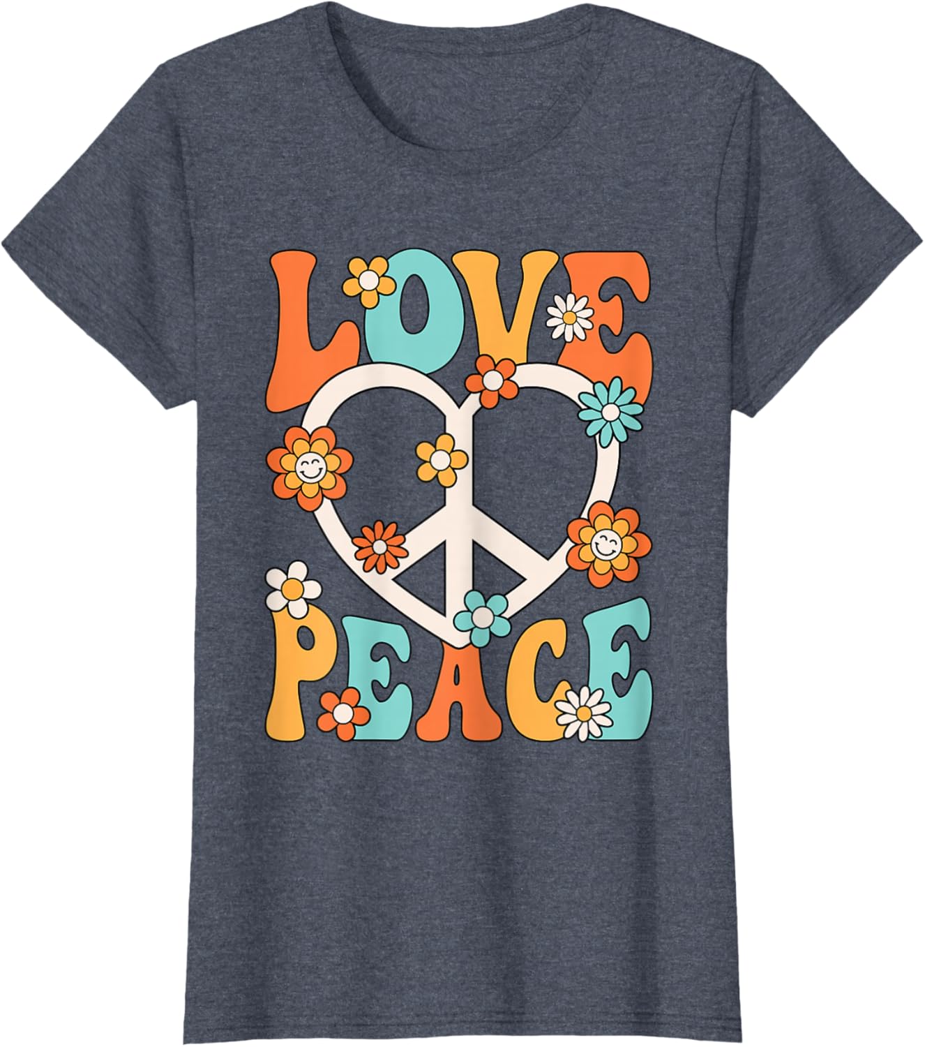 

Love Peace Sign Groovy Hippie Graphic Tee Retro 70s Style Cotton T-Shirt for Women M