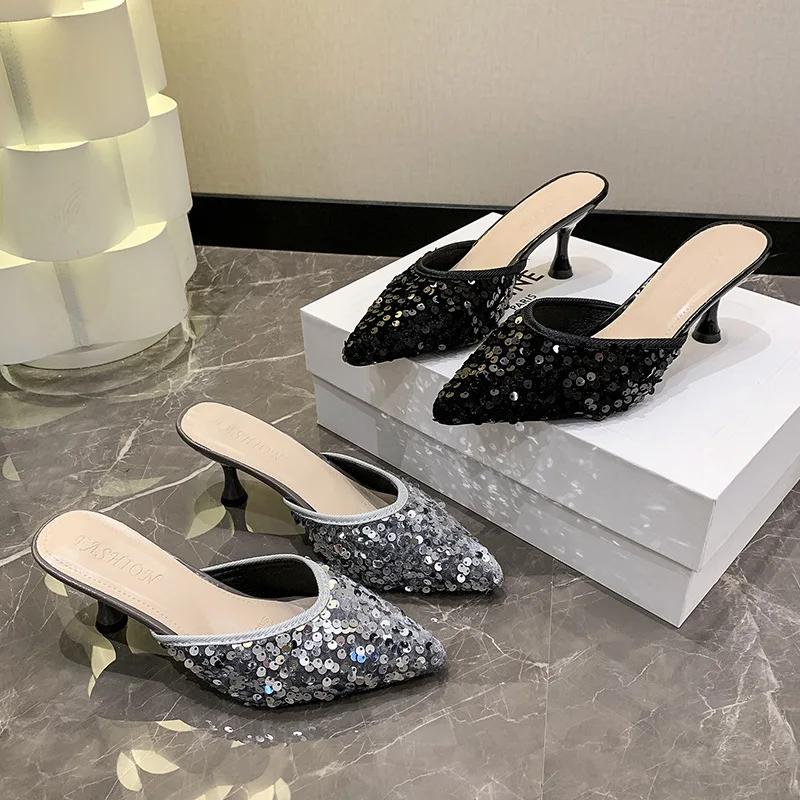 Luxury Women's 2024 Summer Korean Edition Sequin Heel High Heel Slippers for Women's Outwear Pointy Slippers