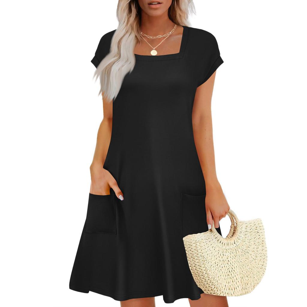 Summer Dresses for Women Loose Square Neck Cap Sleeve Casual Beach Vacation Tshirt Dress Sundresses with Pockets