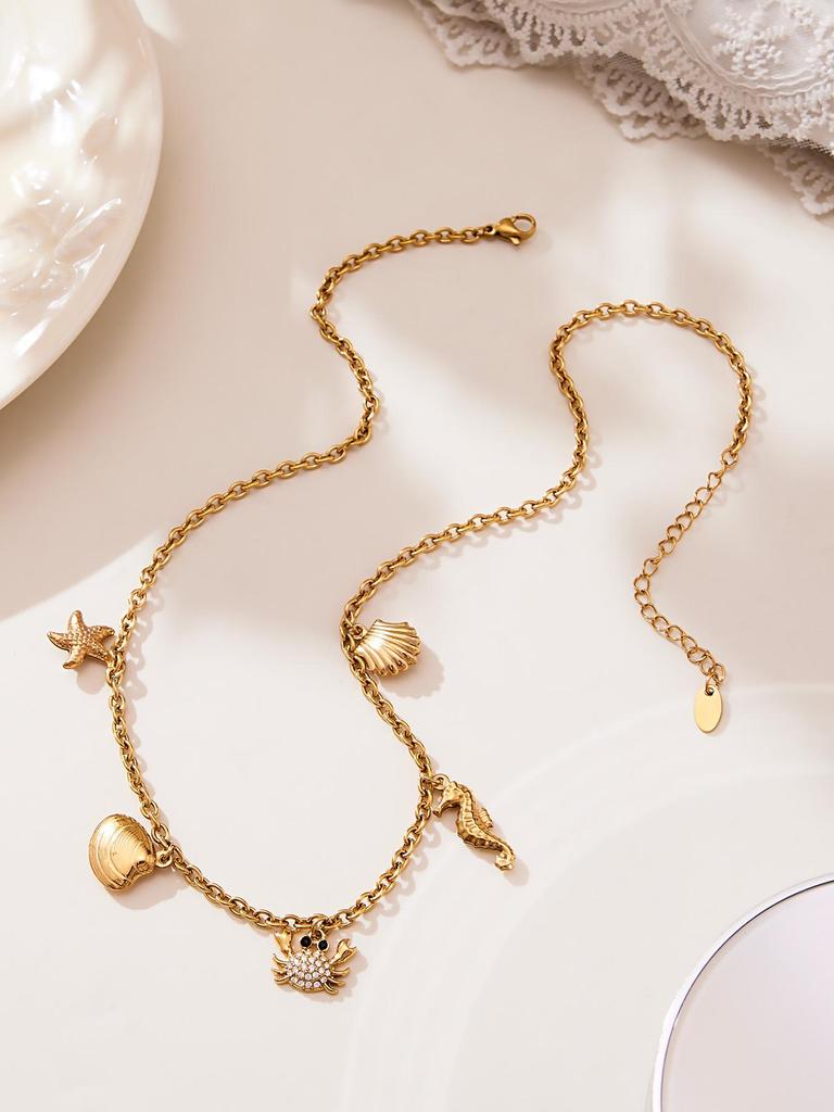 Oumeka Ocean Stainless Steel Zircon Crab Seashell Necklace & Bracelet Set