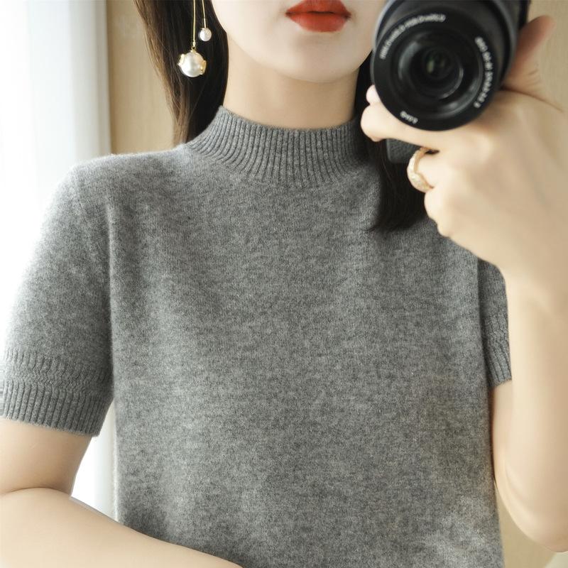 Svetr s polovičním rolákem Vícebarevný Krátký rukáv Letní Nový Volný Módní a Všestranný Jednobarevný Temperament Vnitřní Top