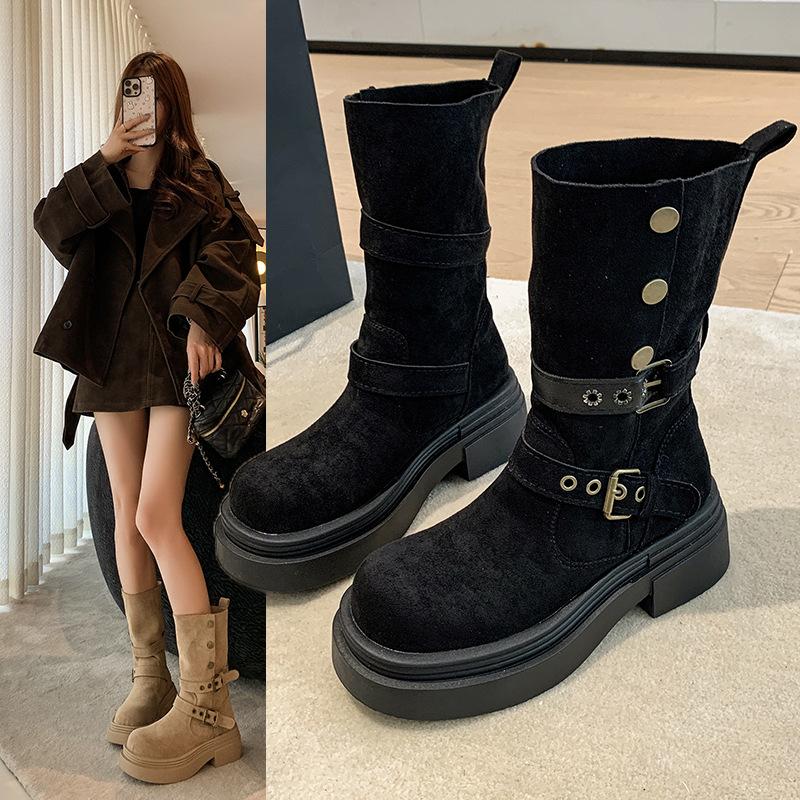 Height-increasing retro Maillard Martin boots women's autumn and winter new models but knee two wear thick-soled thick-heeled western short boots