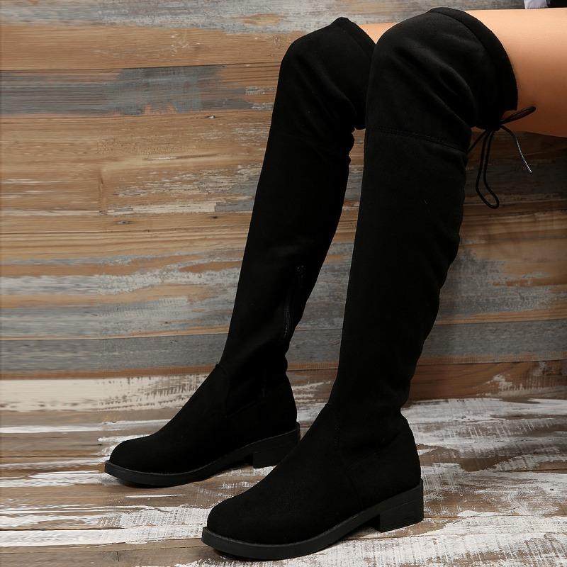 Black Fashion Casual Over The Knee Boots Winter Short Plush Long Boots Classics Flock Low Heel Rear Lace Up Women Shoes Size 43