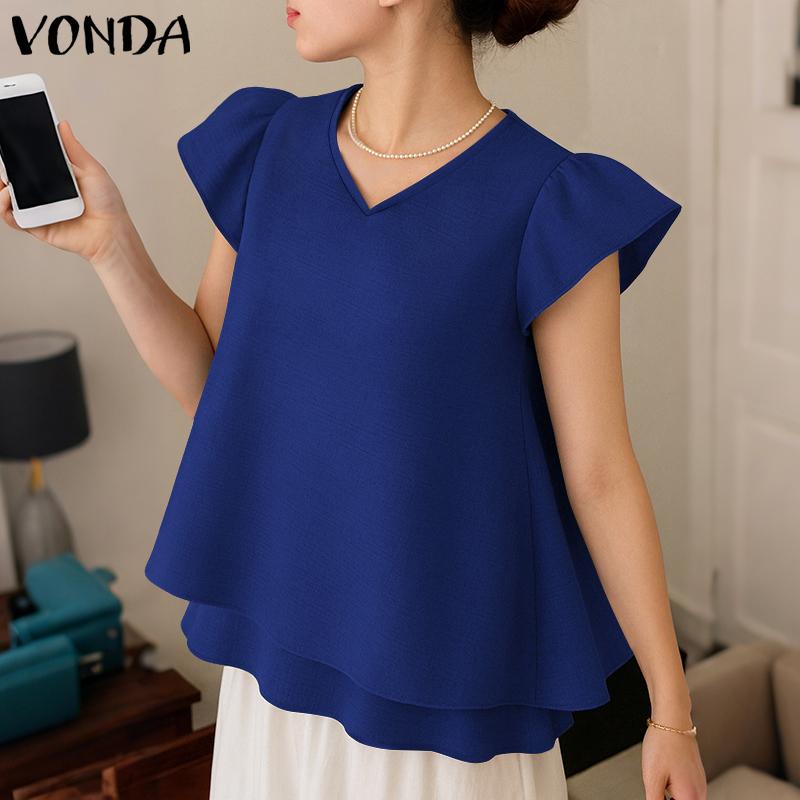 

VONDA Summer Women V Neck Short Sleeve Double Layers Casual T-shirts S синій