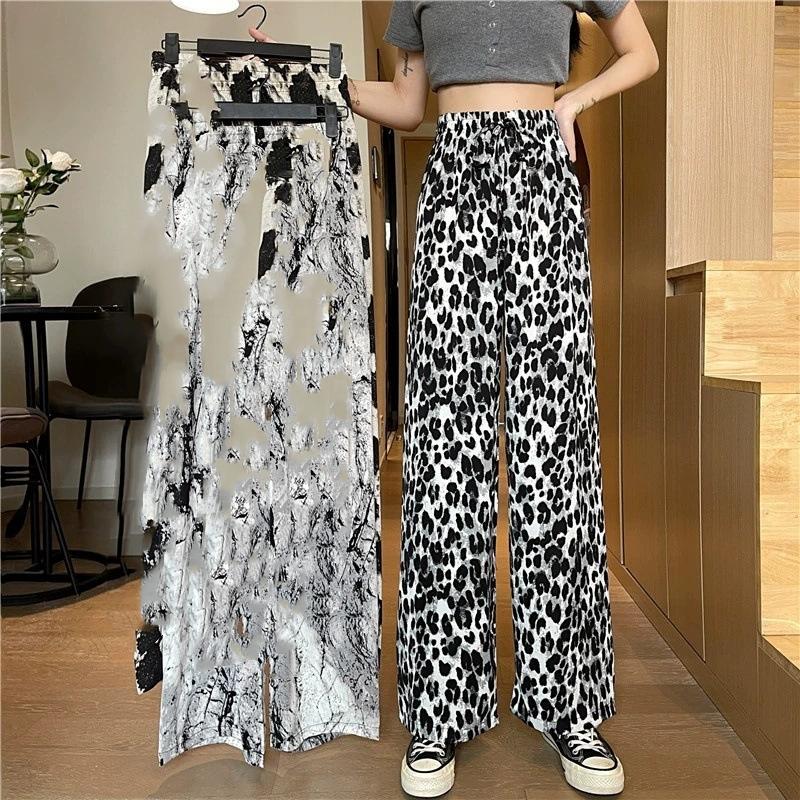 GMXIA Tuschmalerei-Batikhose für Damen, Sommer, dünne, lässige Eisseidenhose, Trommelmopphose, gerades Bein, weites Bein
