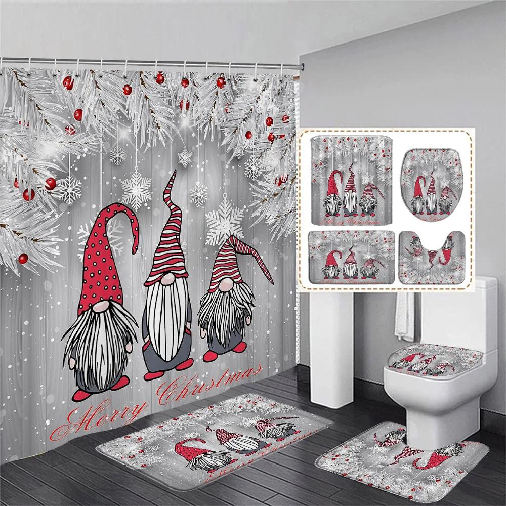 Red Christmas Shower Curtain Set Funny Santa Claus Gift Green Pine Branches Xmas Balls Home Bathroom Decor Bath Mat Toilet Cover