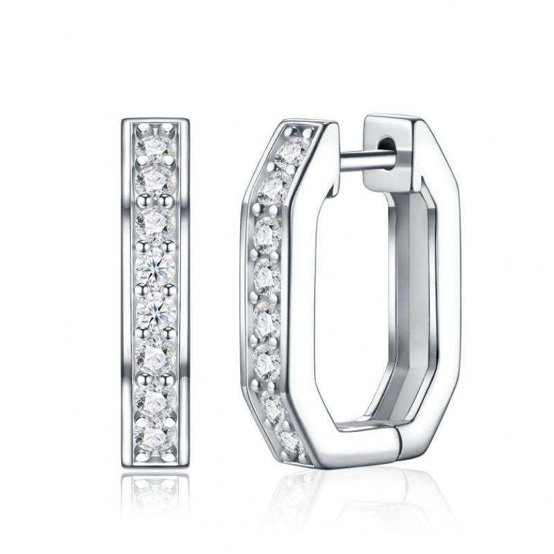 U-Shaped Asymmetrical Hoop Earrings With Moissanite Stones Sterling Lightweight Elegant Jewelry Women 925 Sterling Silver