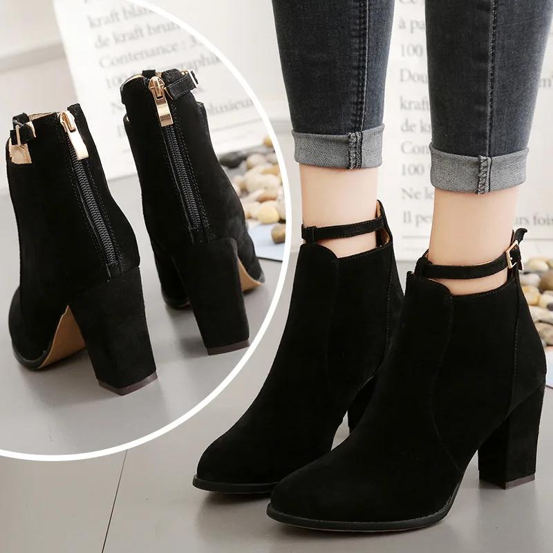 New Autumn Winter Women's Boots with Thick Heels and High Heels Fashionable Back Zipper Plus Size43 Short Boots Women Shoes