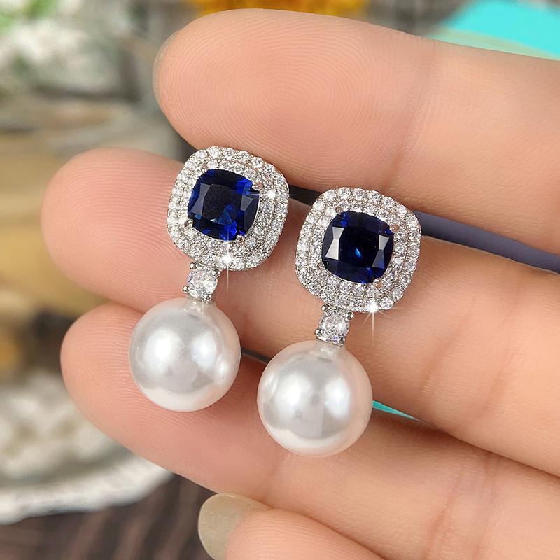 Huitan Gorgeous Blue Cubic Zirconia Imitation Pearl Earrings Women for Engagement Wedding Party Temperament Elegant Ear